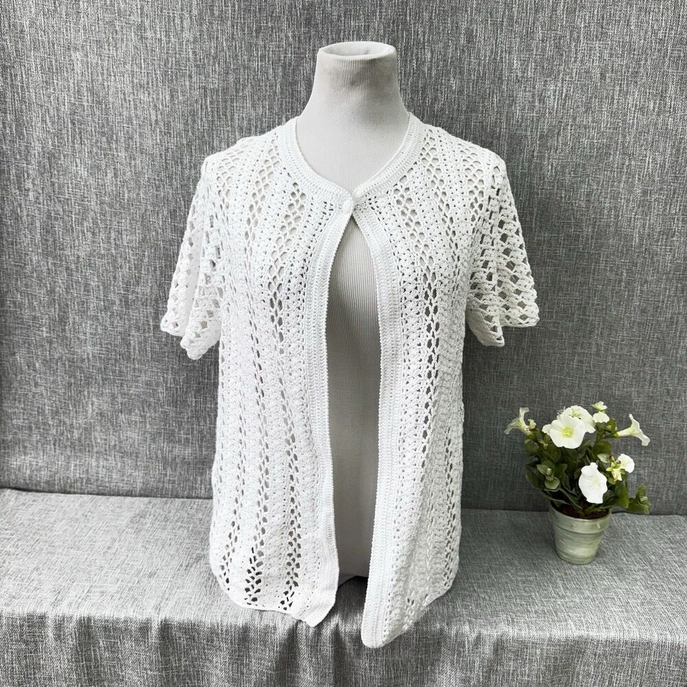 Serengeti Catalog White Crochet Cardigan One Button Short Sleeve Cotton new XL